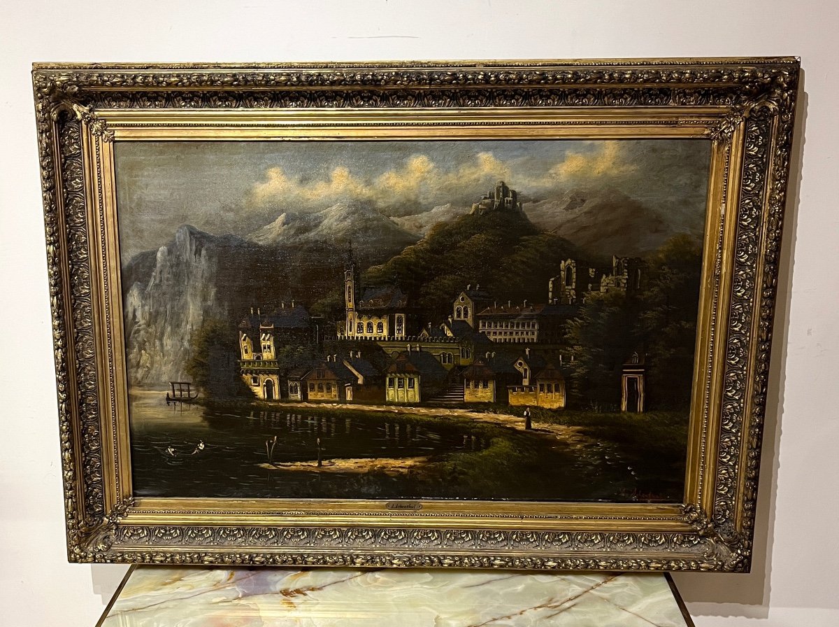 Tableau Chateau dans La Montagne, Huile Sur Toile cadre doré-photo-1