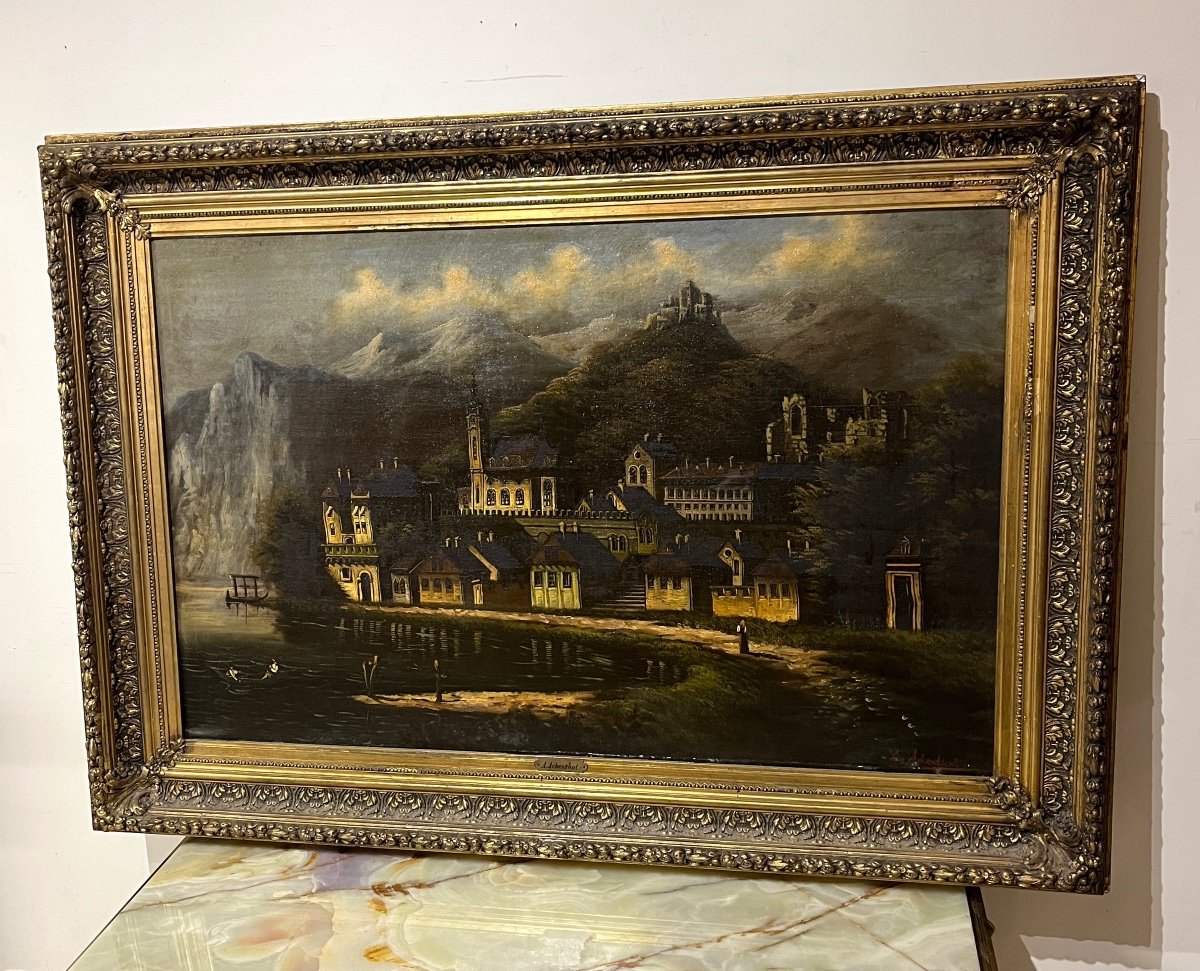 Tableau Chateau dans La Montagne, Huile Sur Toile cadre doré-photo-2