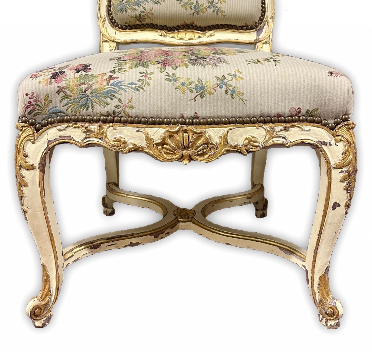 Ensemble De 6 Chaises  De Style Louis XV / Régence En Bois Laqué Beige Et Rechampi Doré-photo-2