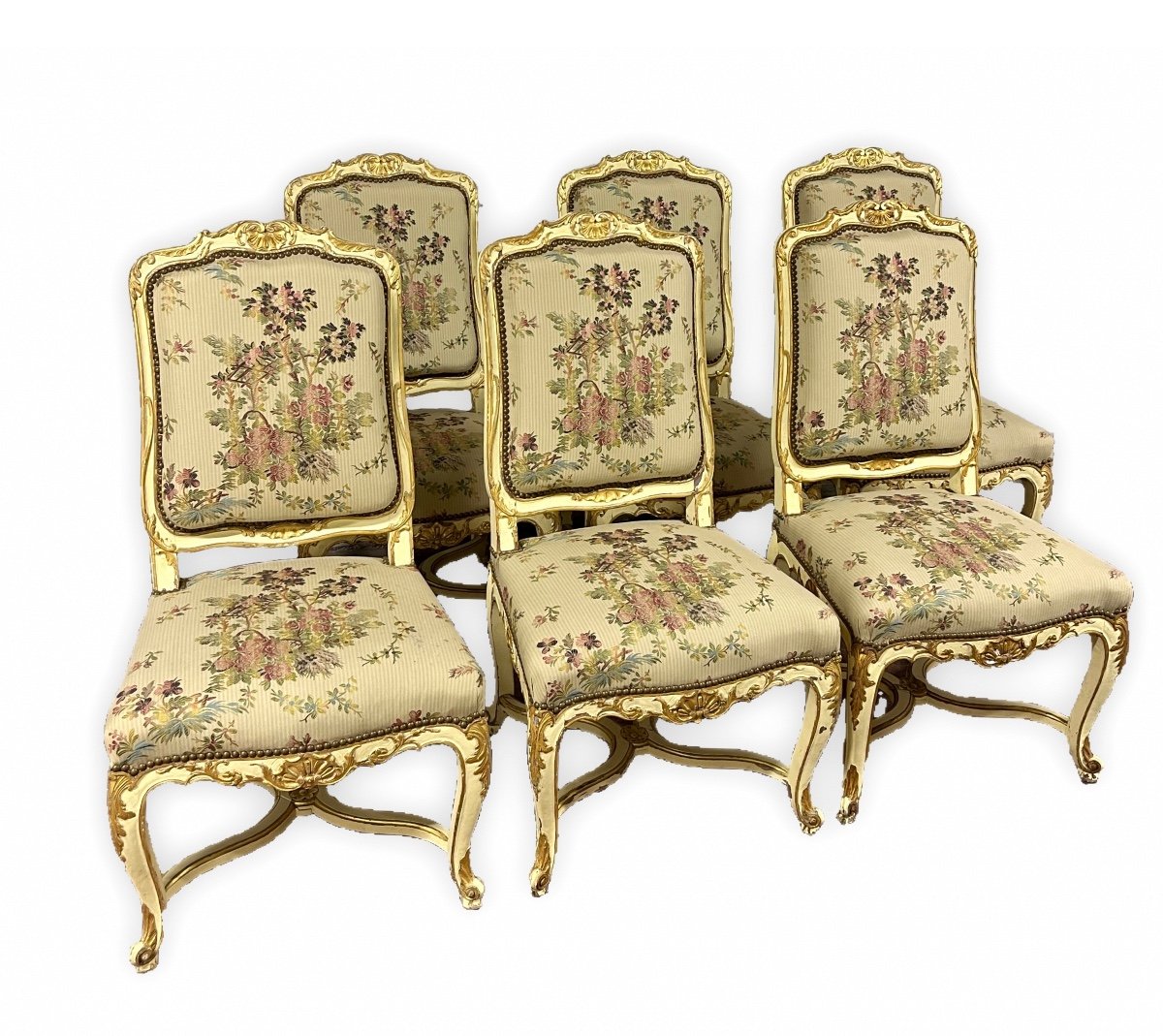 Ensemble De 6 Chaises  De Style Louis XV / Régence En Bois Laqué Beige Et Rechampi Doré