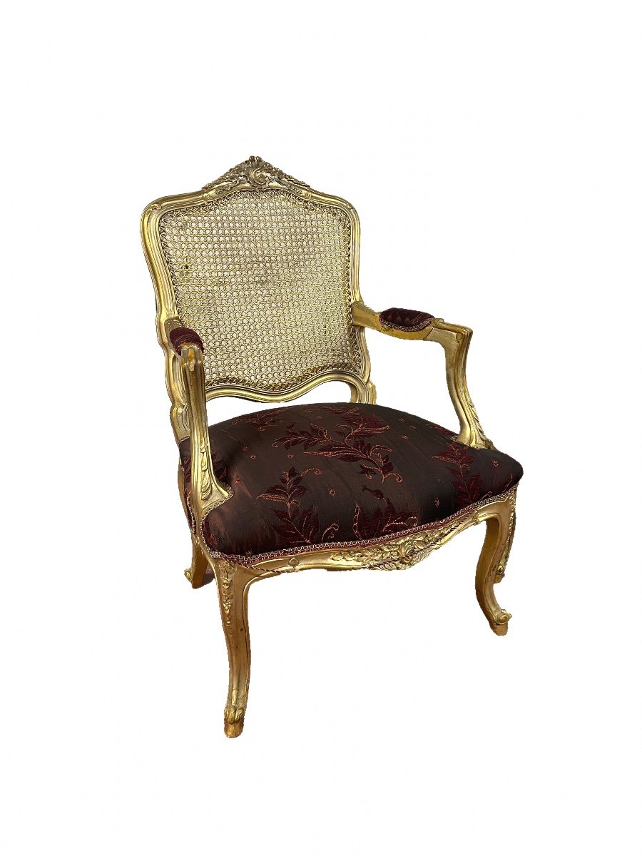 3-piece Salon In  Louis XV Style  In Gilded Wood With Caned Backs And Seats Covered With Fabric-photo-2