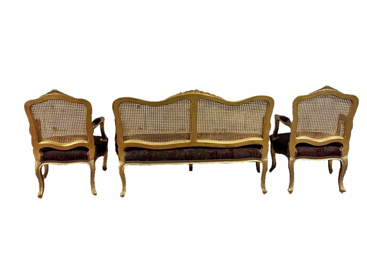 3-piece Salon In  Louis XV Style  In Gilded Wood With Caned Backs And Seats Covered With Fabric-photo-2