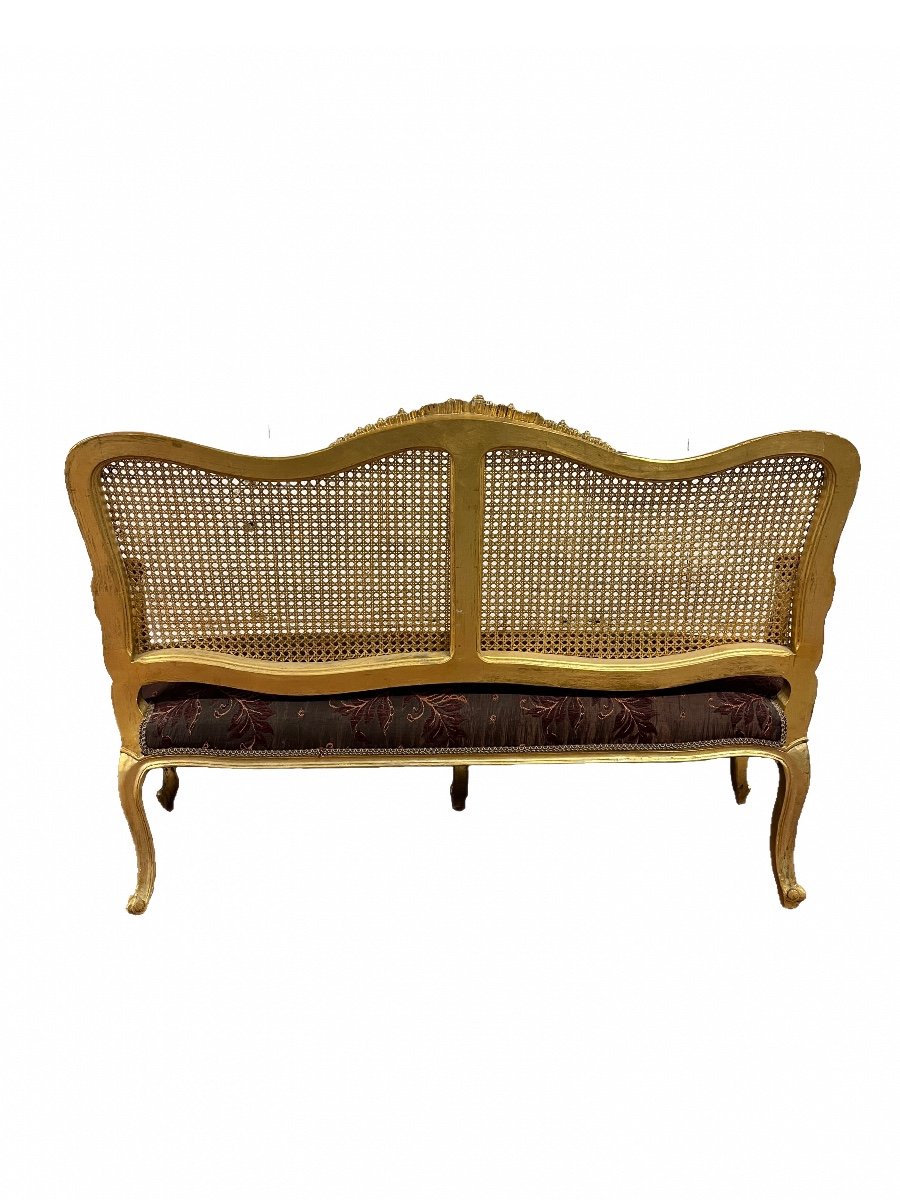 3-piece Salon In  Louis XV Style  In Gilded Wood With Caned Backs And Seats Covered With Fabric-photo-4