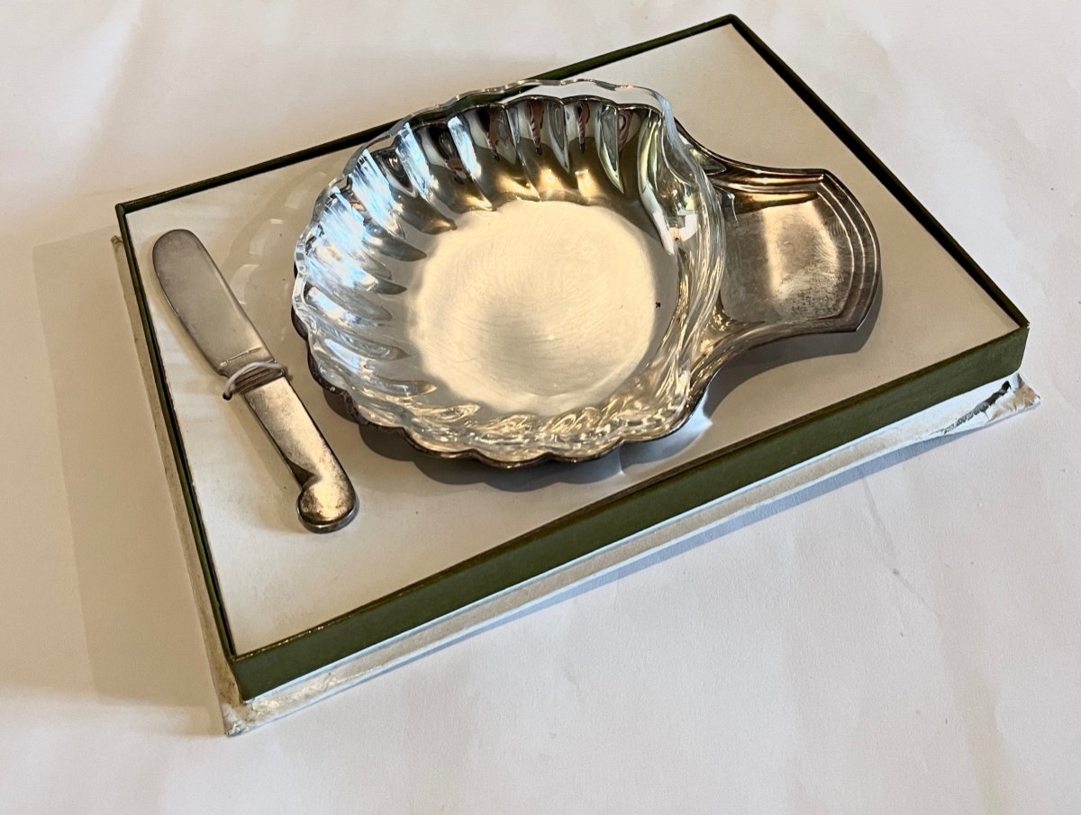 Christofle Butter Dish In The Shape Of A Scallop Shell Silver Metal In Its Original Box-photo-1