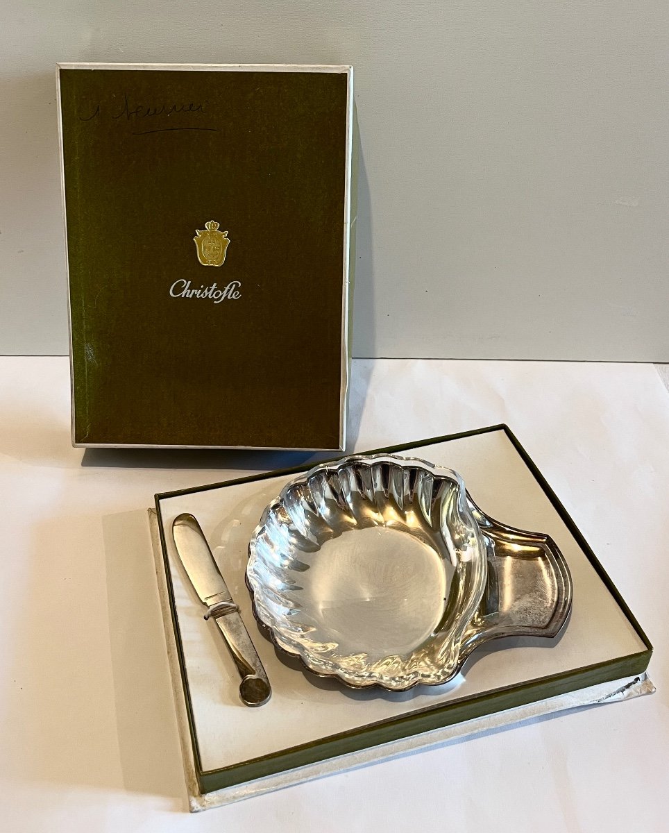 Christofle Butter Dish In The Shape Of A Scallop Shell Silver Metal In Its Original Box