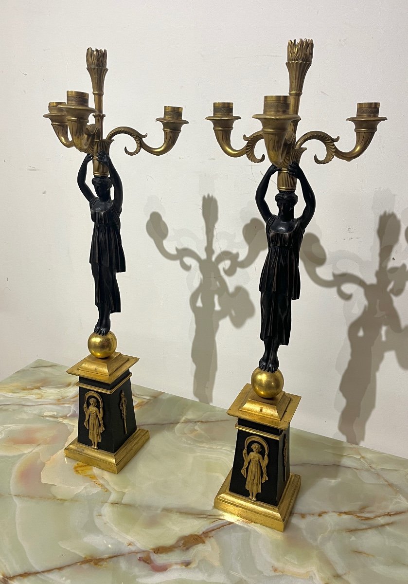 Pair Of Empire Period Candelabra In Patinated And Gilded Bronze-photo-3