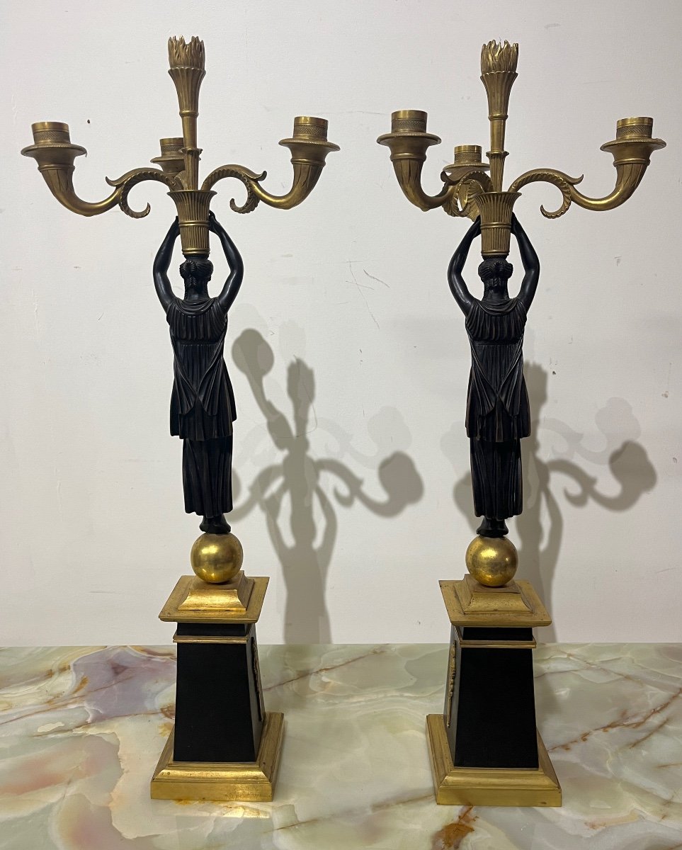 Pair Of Empire Period Candelabra In Patinated And Gilded Bronze-photo-4