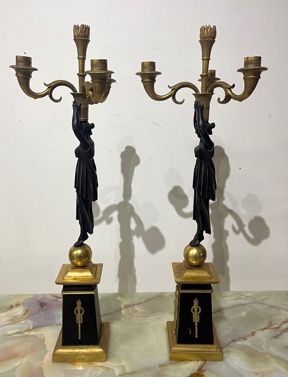 Pair Of Empire Period Candelabra In Patinated And Gilded Bronze-photo-5