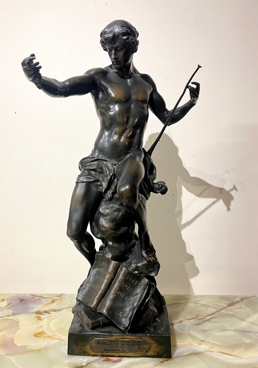 Grande Statue En Bronze E. Picault "Le semeur d'idées"