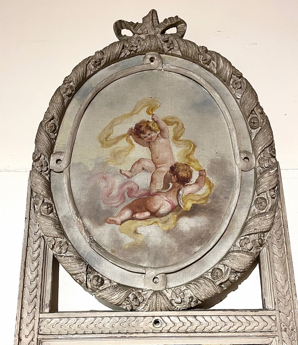 Trumeau Mirror Woodwork Medallion With Cherubs Decor From Louis XVI Style (grey)-photo-3