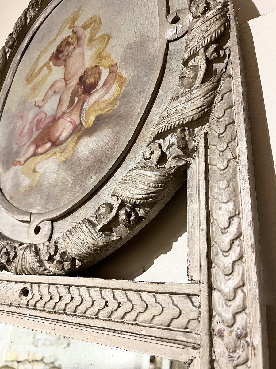 Trumeau Mirror Woodwork Medallion With Cherubs Decor From Louis XVI Style (grey)-photo-4