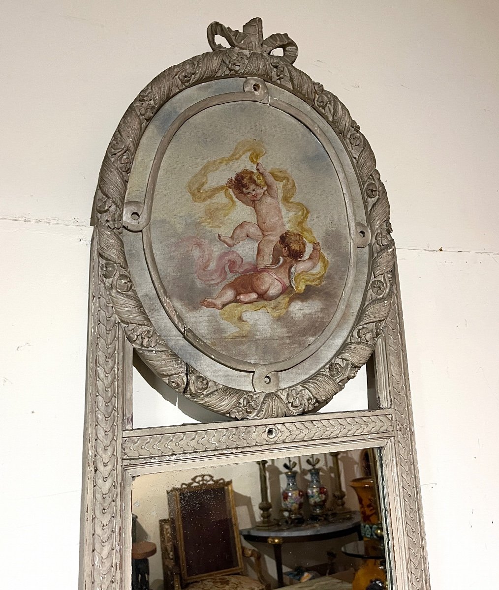 Trumeau Mirror Woodwork Medallion With Cherubs Decor From Louis XVI Style (grey)-photo-3