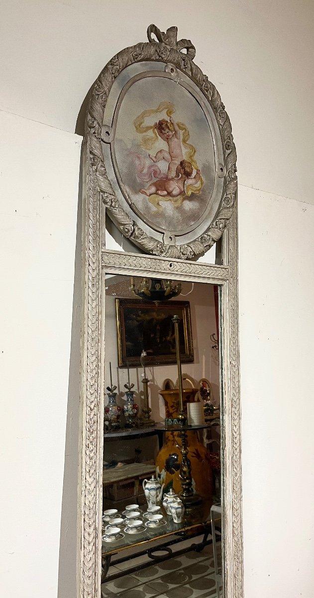 Trumeau Mirror Woodwork Medallion With Cherubs Decor From Louis XVI Style (grey)-photo-4