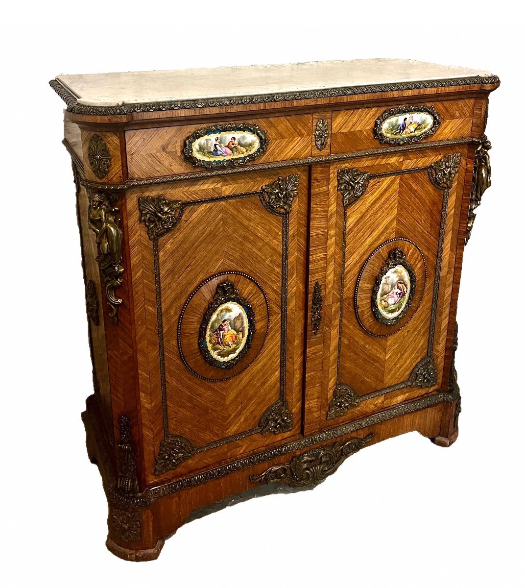 Side Cabinet Napoleon III Rosewood Veneer, Gilded Bronze And Porcelain 