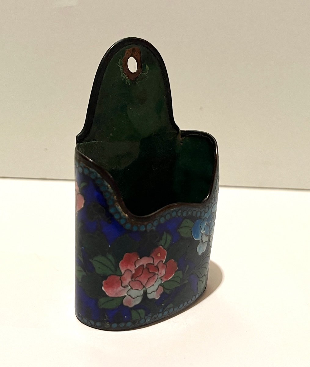 Pyrogenic Match Holder In Cloisonné Enamels On Copper With Flower Decor-photo-2