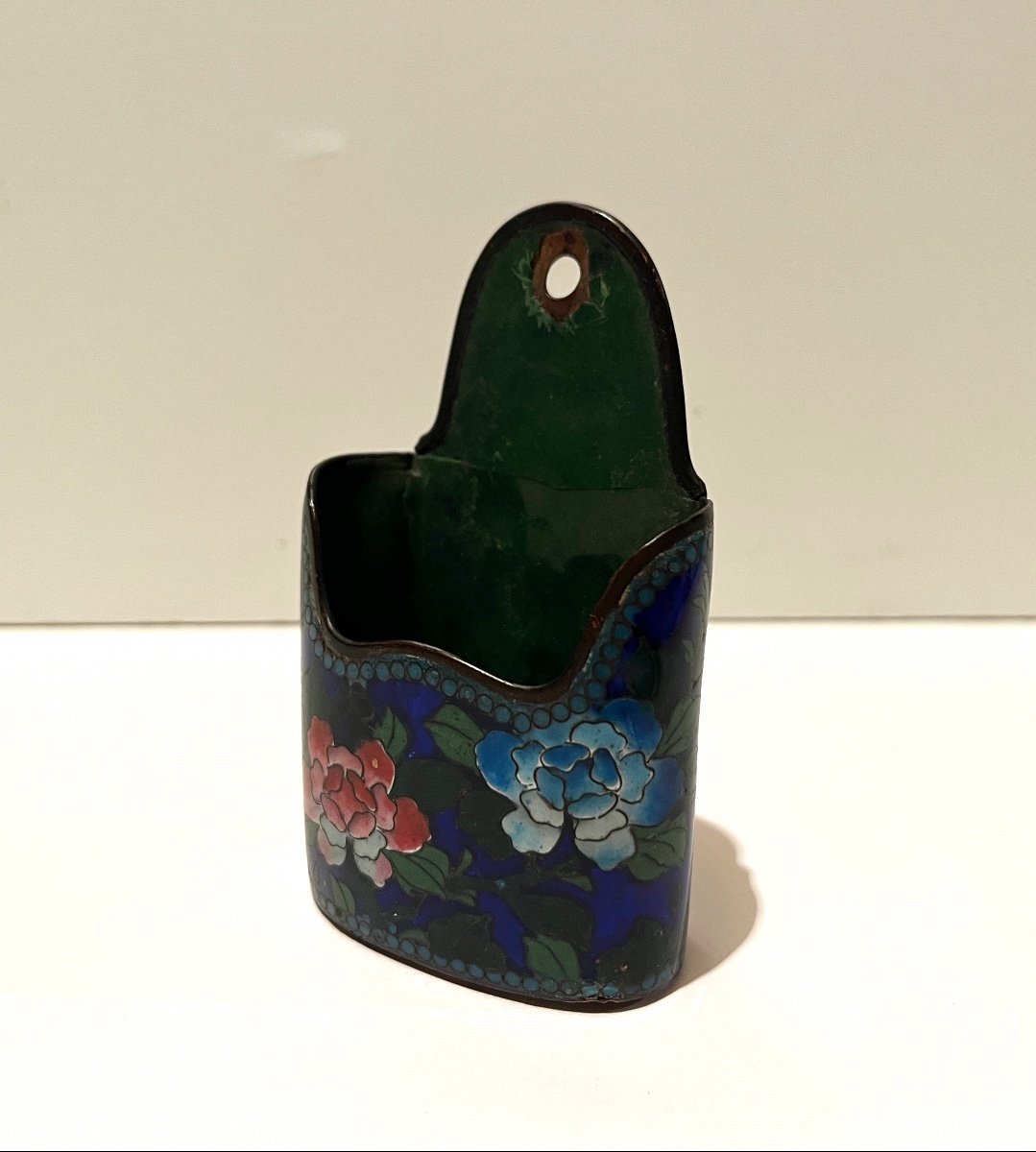 Pyrogenic Match Holder In Cloisonné Enamels On Copper With Flower Decor-photo-3