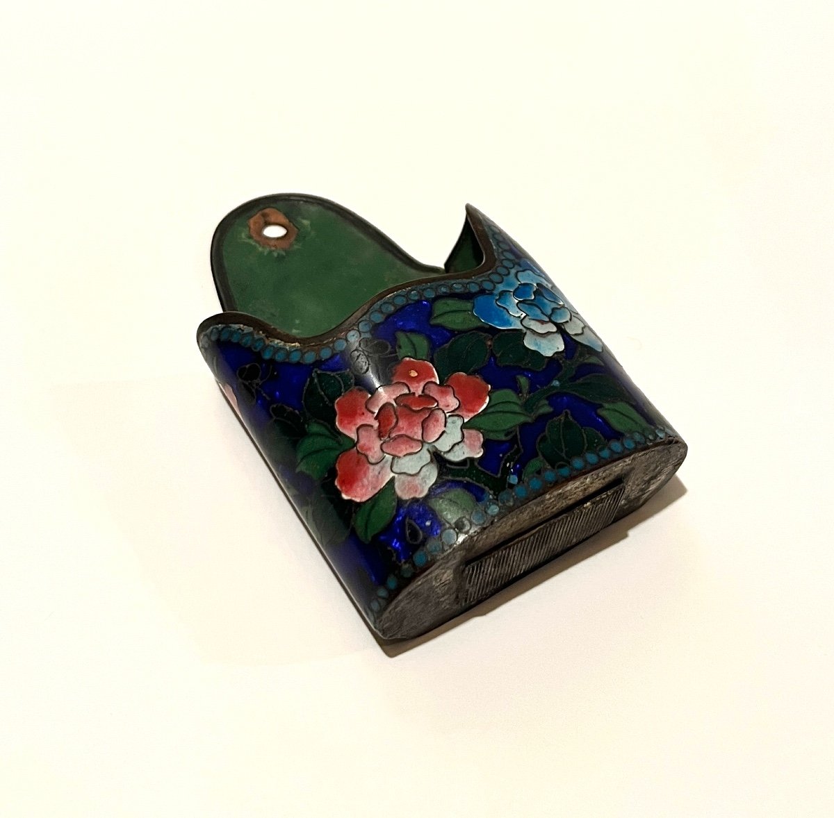 Pyrogenic Match Holder In Cloisonné Enamels On Copper With Flower Decor-photo-4