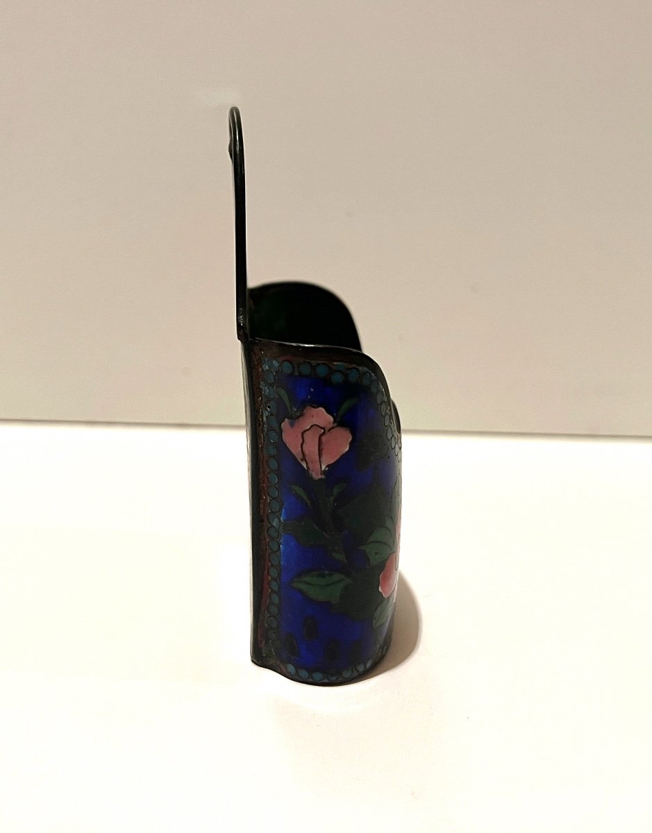 Pyrogenic Match Holder In Cloisonné Enamels On Copper With Flower Decor-photo-3