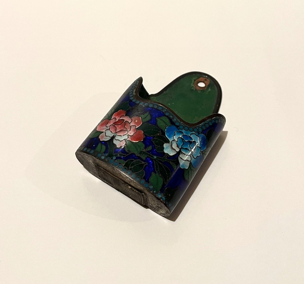 Pyrogenic Match Holder In Cloisonné Enamels On Copper With Flower Decor-photo-5