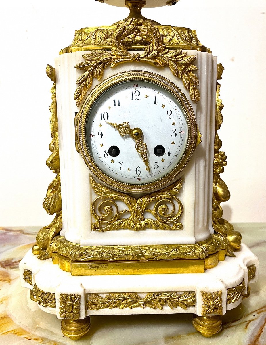 Louis XVI Style Clock In Gilt Bronze And White Marble-photo-3