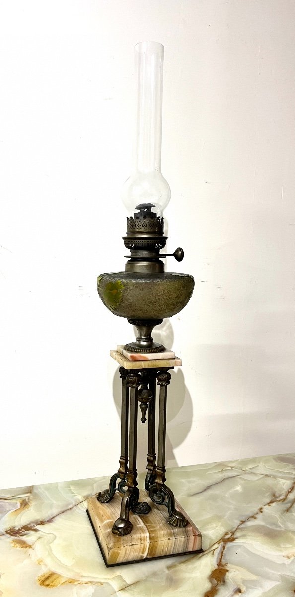 Oil Lamp In Bronze, Onyx And Glass Paste -photo-2