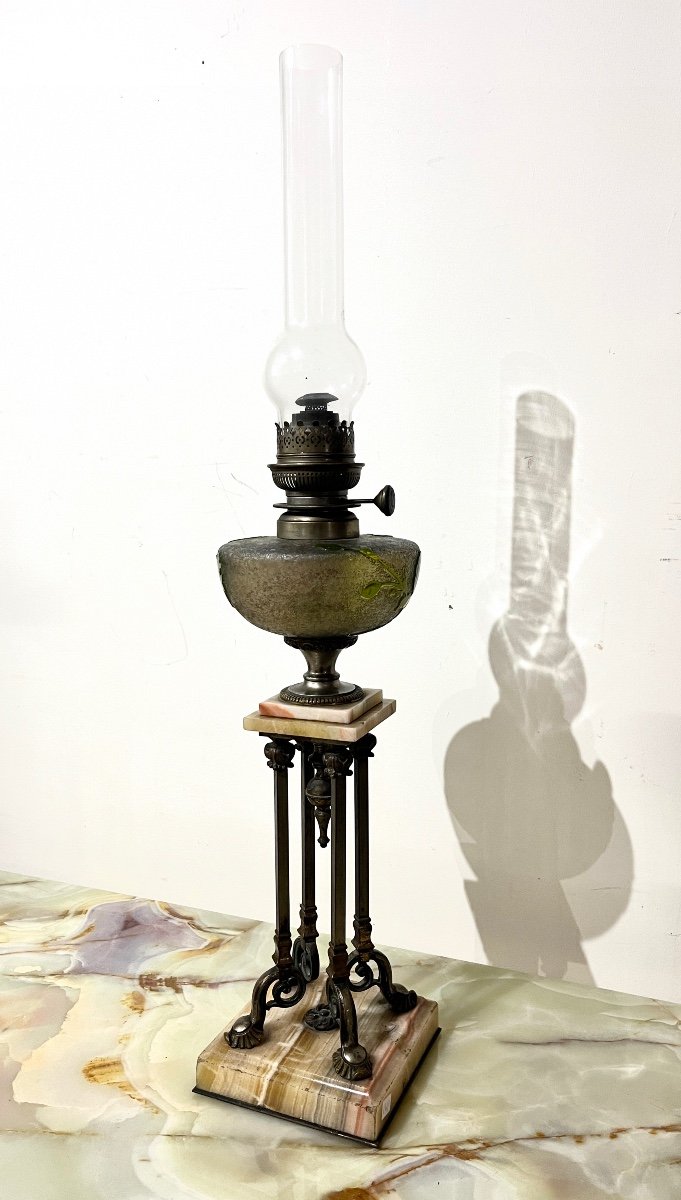 Oil Lamp In Bronze, Onyx And Glass Paste -photo-3