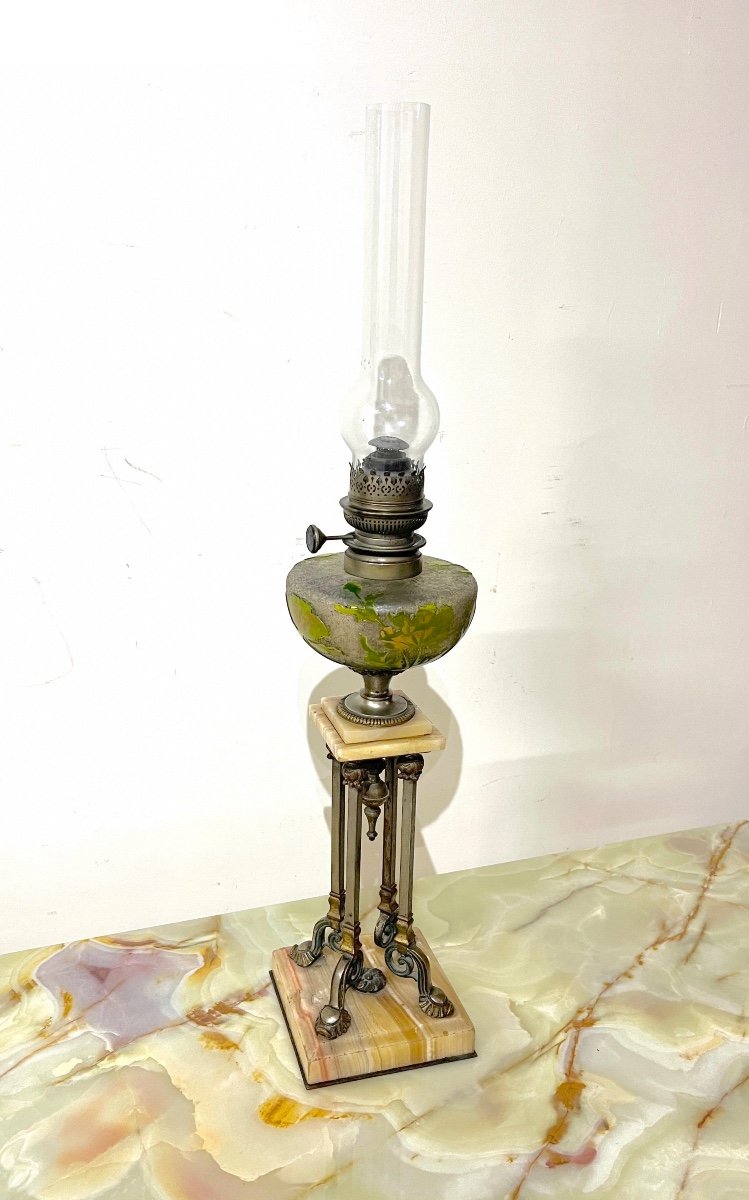 Oil Lamp In Bronze, Onyx And Glass Paste 