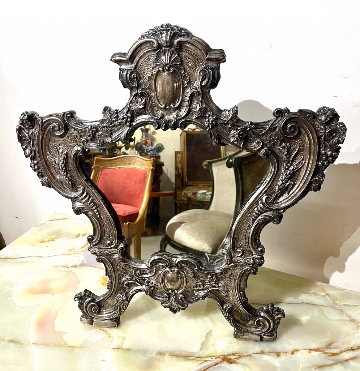 Table Mirror In Embossed Silver Hallmarked 5 Times -photo-2