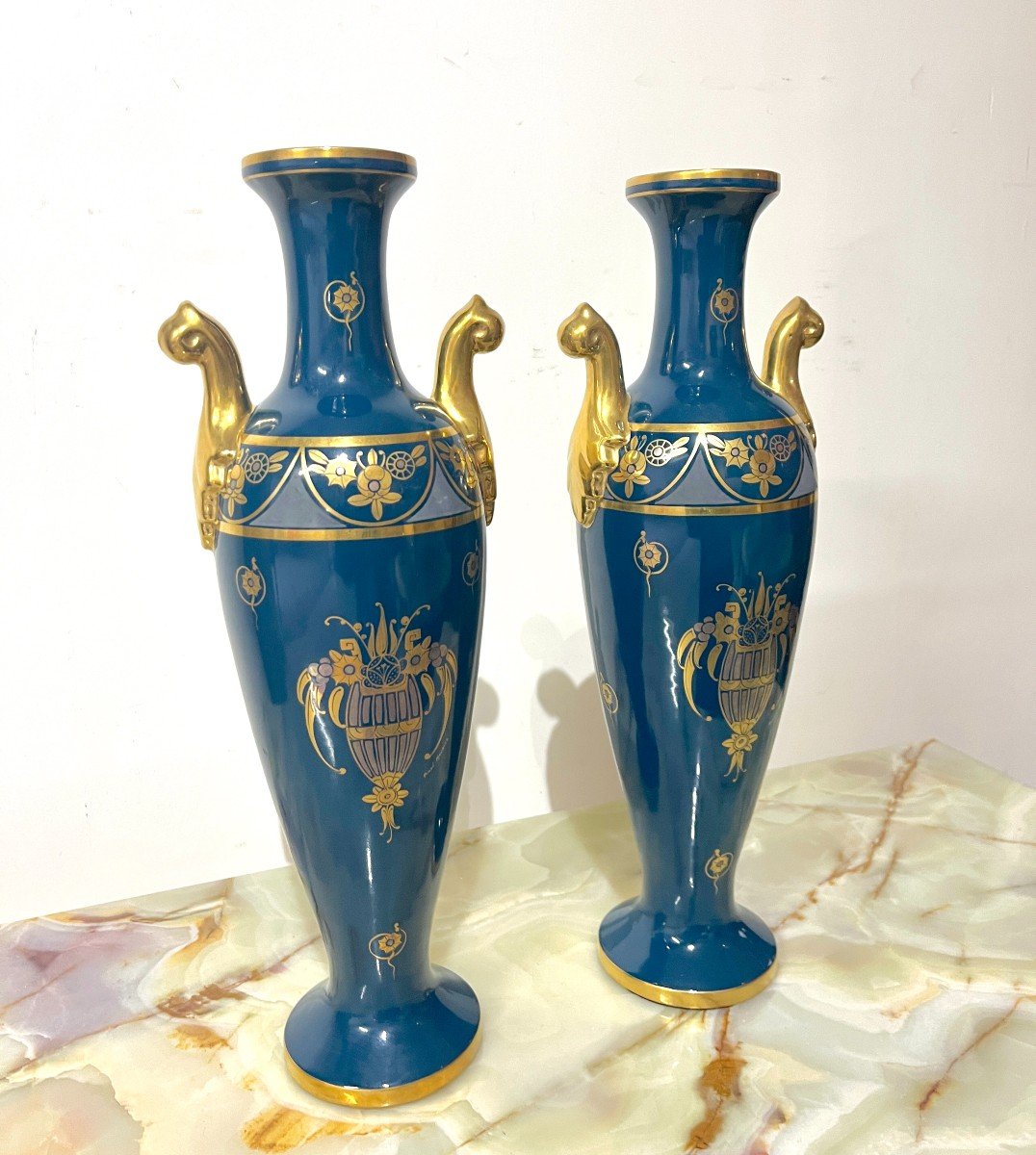 Pinon In Tours Pair Of Blue And Gold Earthenware Vases-photo-3