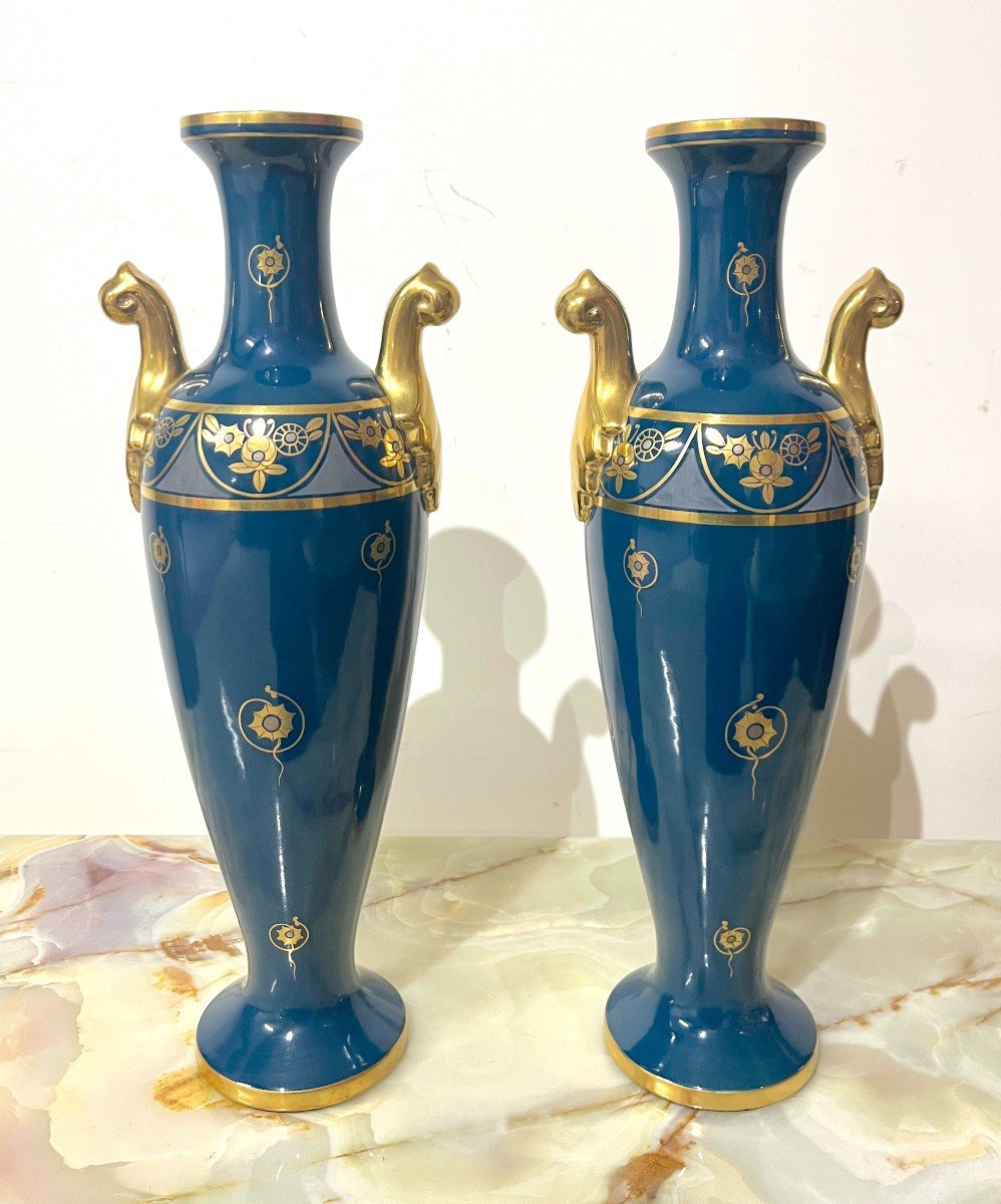 Pinon In Tours Pair Of Blue And Gold Earthenware Vases-photo-3