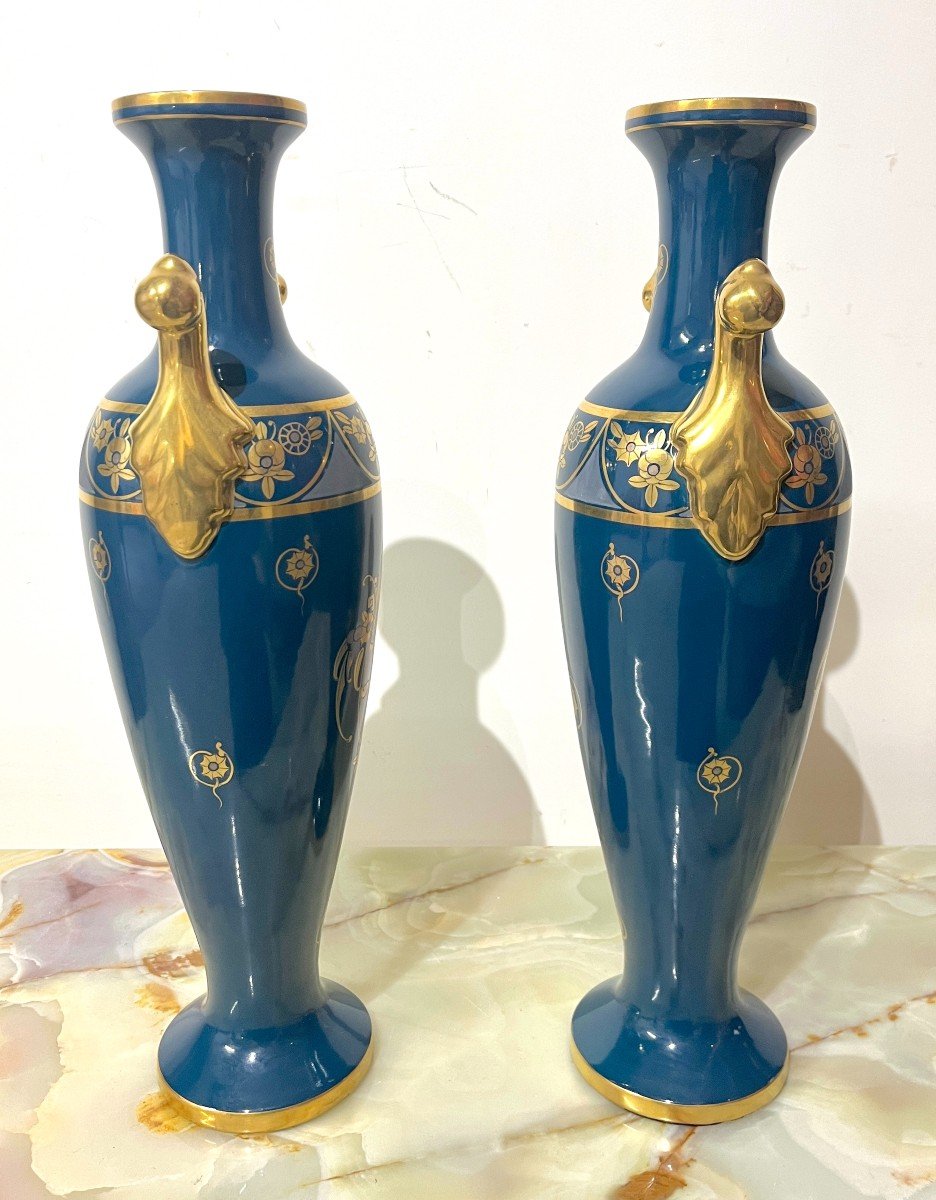 Pinon In Tours Pair Of Blue And Gold Earthenware Vases-photo-4