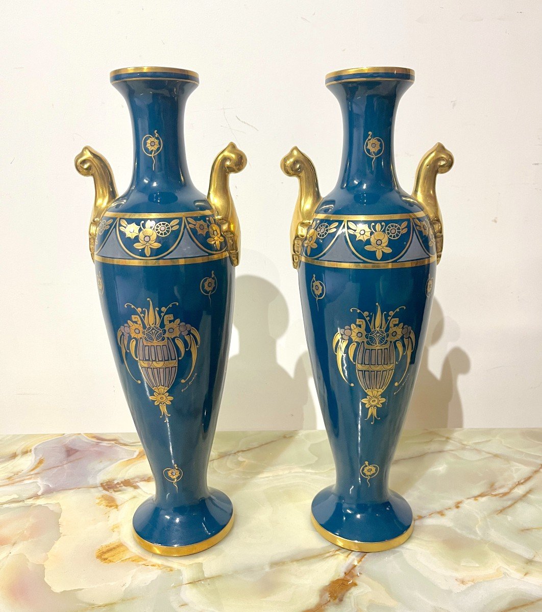 Pinon In Tours Pair Of Blue And Gold Earthenware Vases