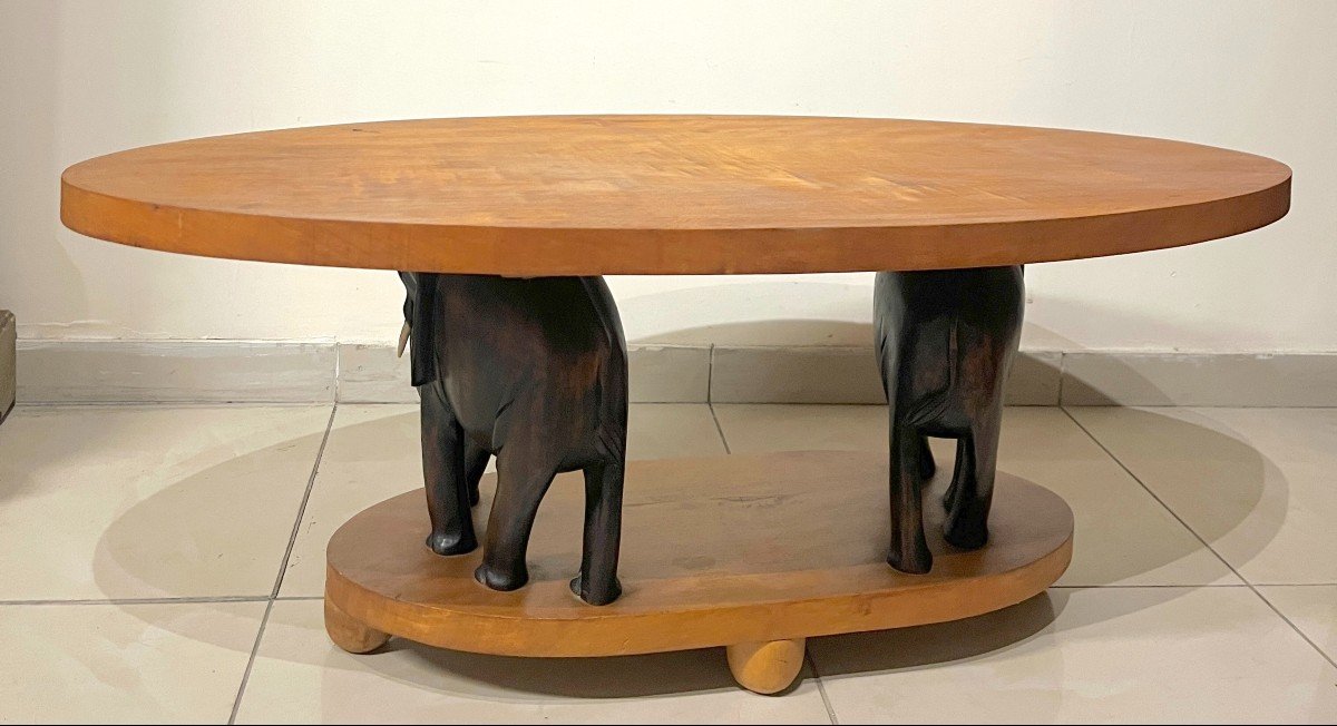 Table Basse Reposant Sur Deux éléphants En Bois -photo-4