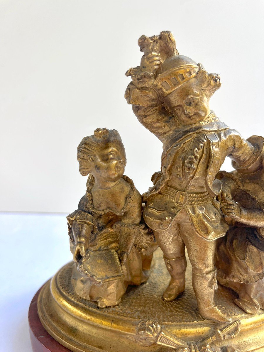 Gilded Bronze: Children On A Marble Base, 19th Century-photo-3