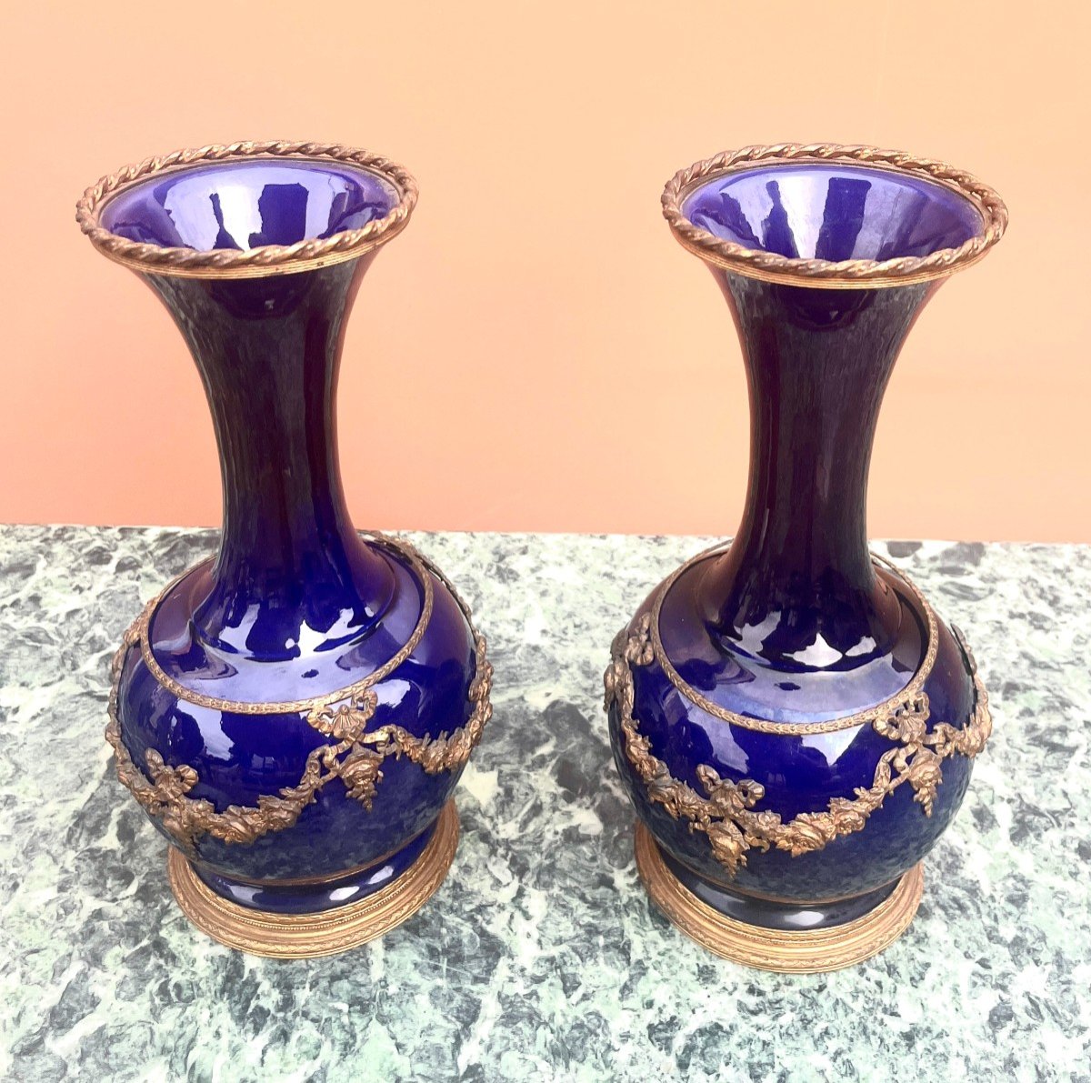 Pair Of Cobalt Blue Porcelain And Gilt Bronze Vases Lxvi Style-photo-2