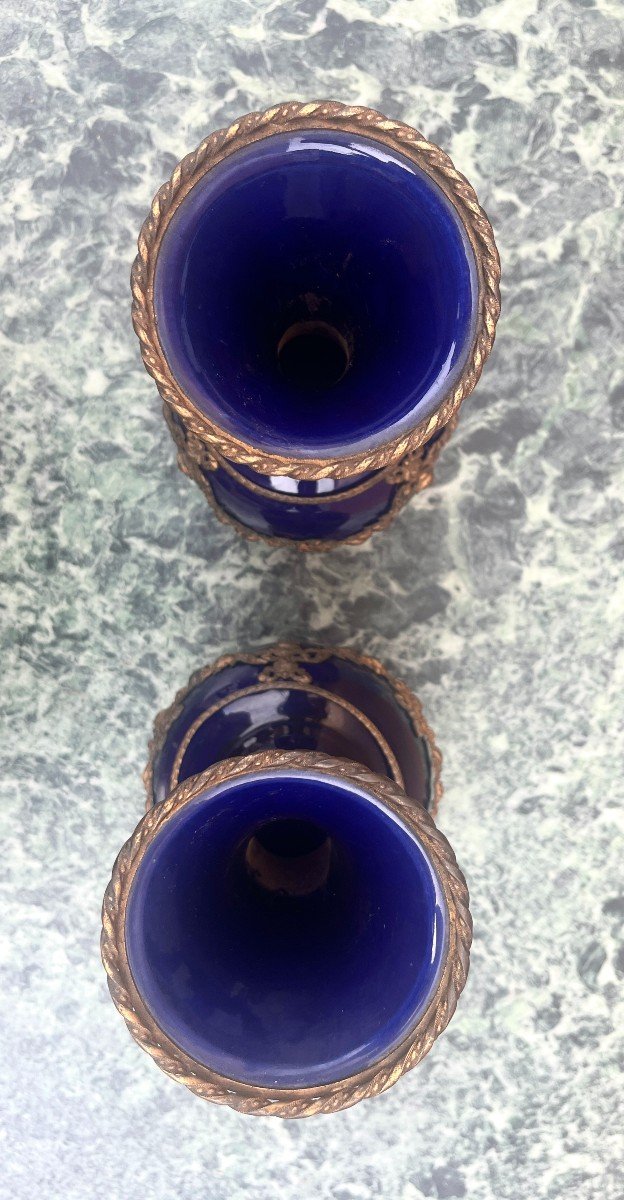 Pair Of Cobalt Blue Porcelain And Gilt Bronze Vases Lxvi Style-photo-3