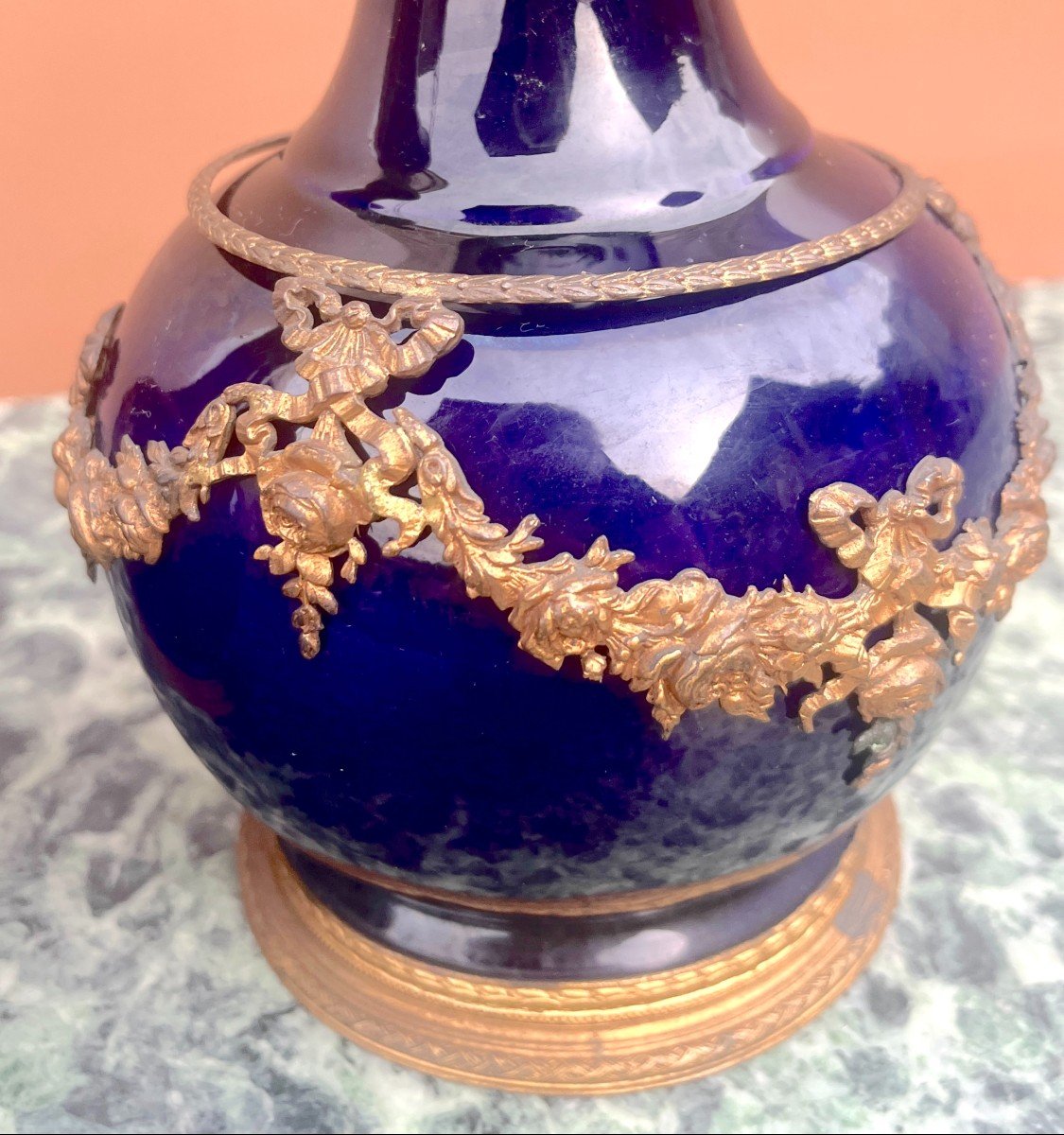 Pair Of Cobalt Blue Porcelain And Gilt Bronze Vases Lxvi Style-photo-4