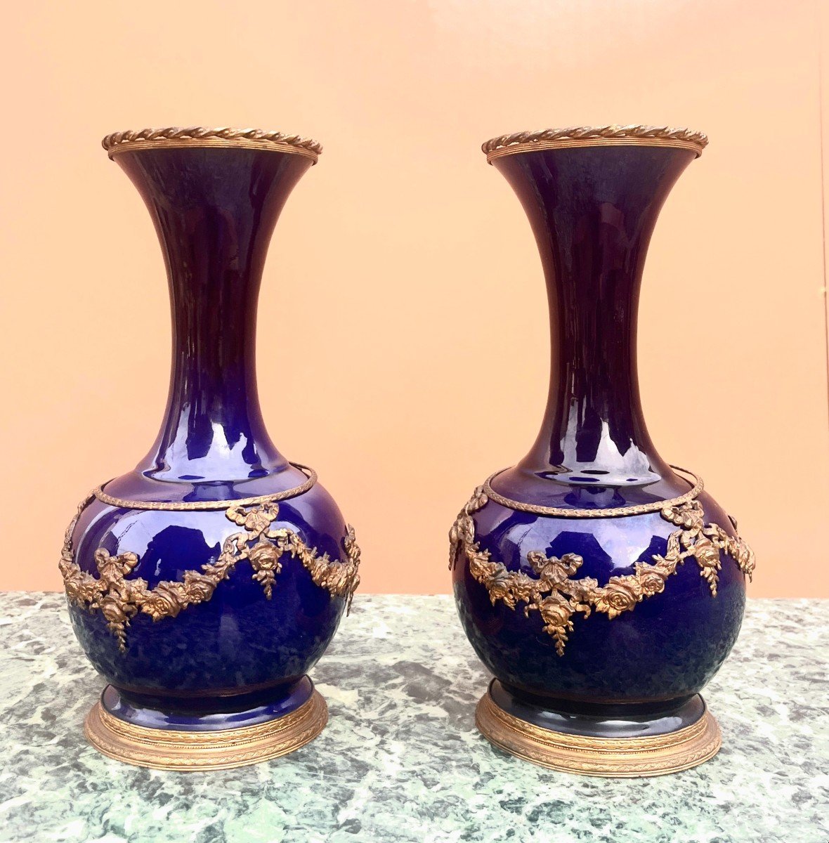 Pair Of Cobalt Blue Porcelain And Gilt Bronze Vases Lxvi Style-photo-1