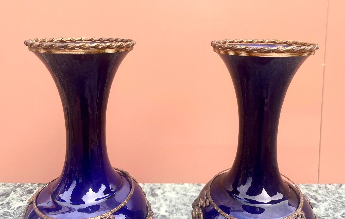 Pair Of Cobalt Blue Porcelain And Gilt Bronze Vases Lxvi Style-photo-2