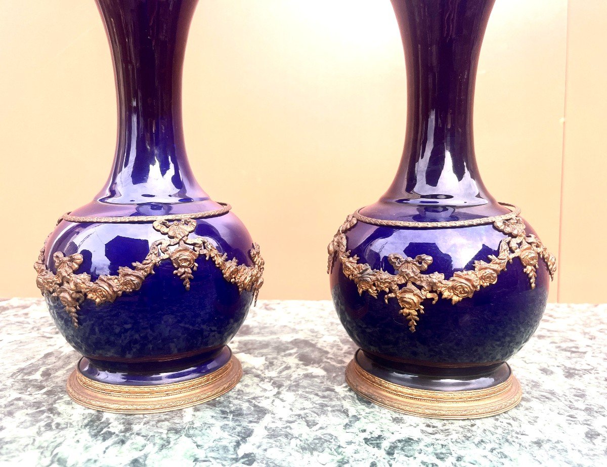 Pair Of Cobalt Blue Porcelain And Gilt Bronze Vases Lxvi Style-photo-3