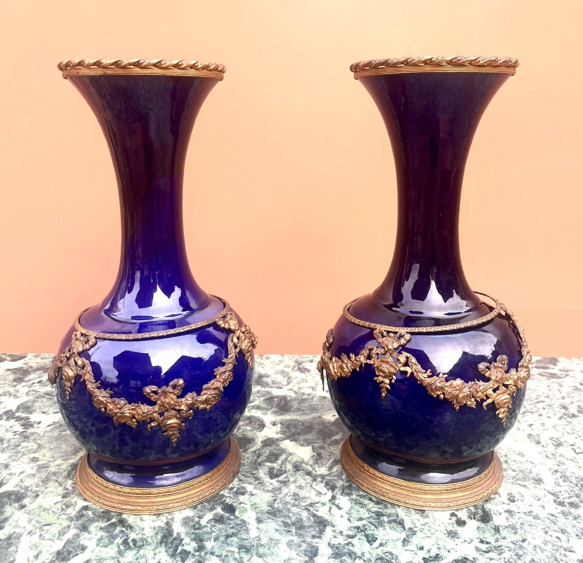 Pair Of Cobalt Blue Porcelain And Gilt Bronze Vases Lxvi Style-photo-4