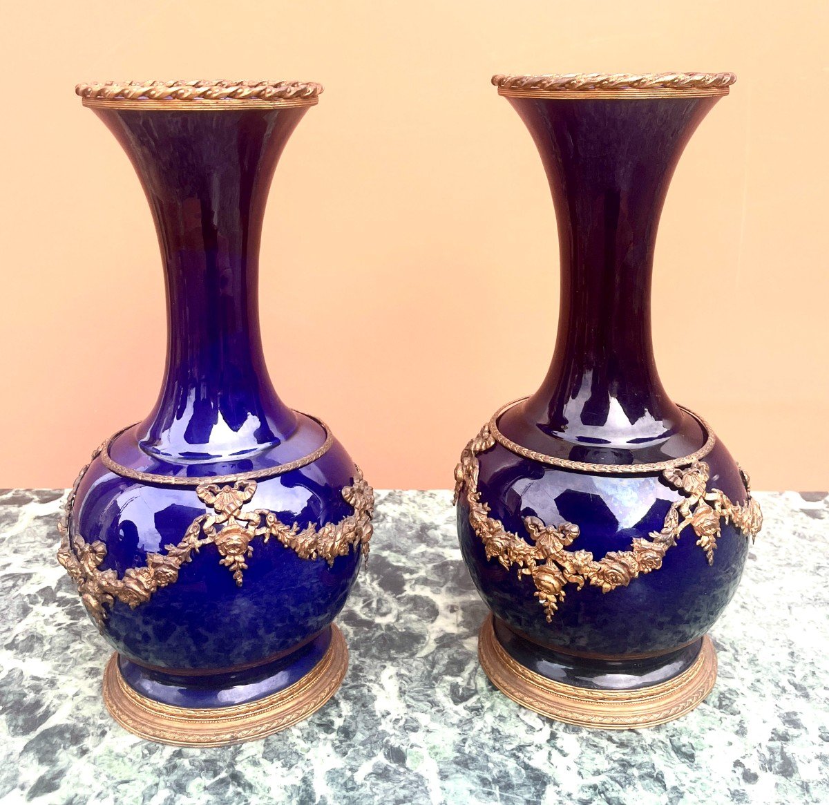 Pair Of Cobalt Blue Porcelain And Gilt Bronze Vases Lxvi Style-photo-5