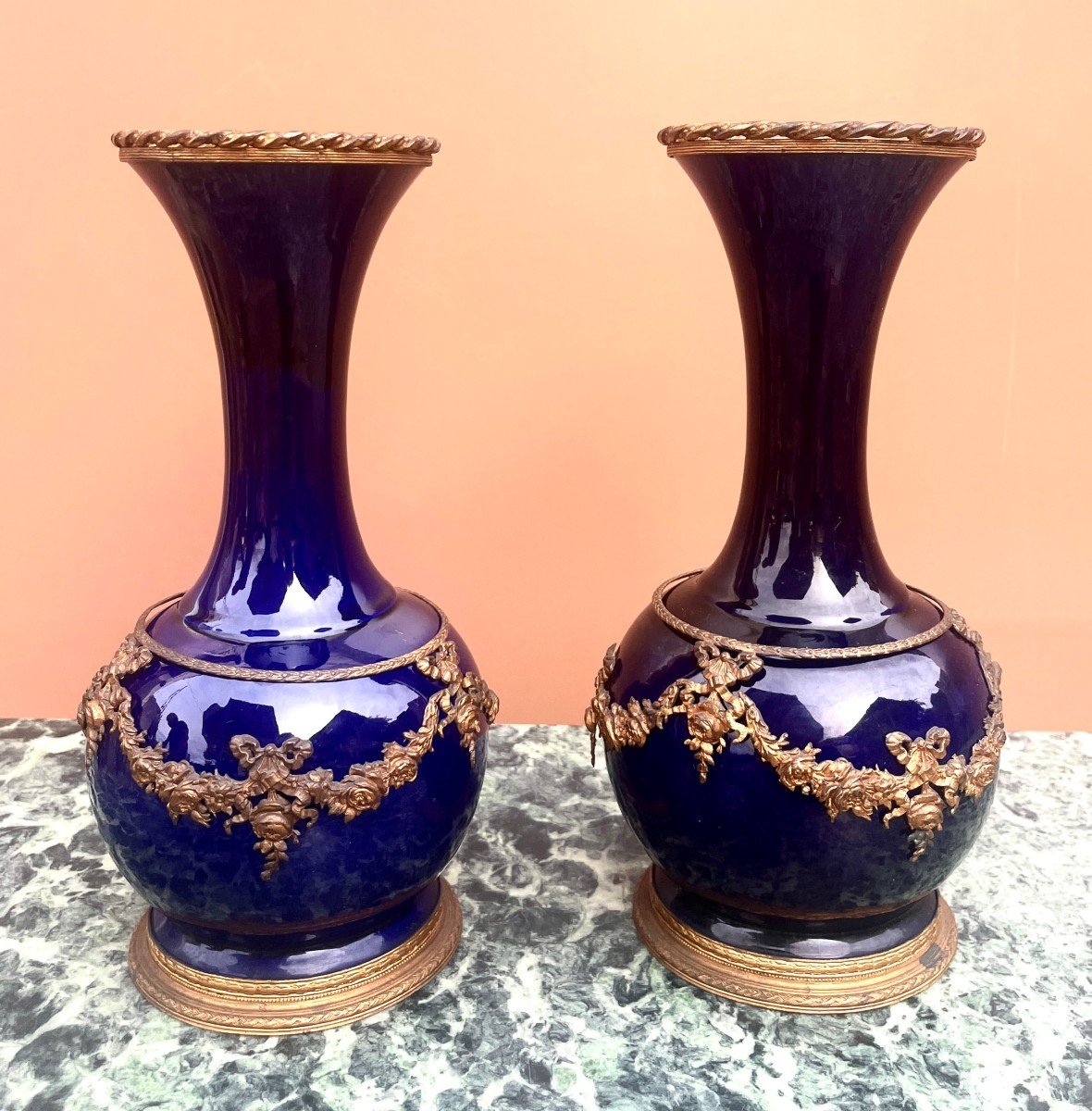 Pair Of Cobalt Blue Porcelain And Gilt Bronze Vases Lxvi Style-photo-6