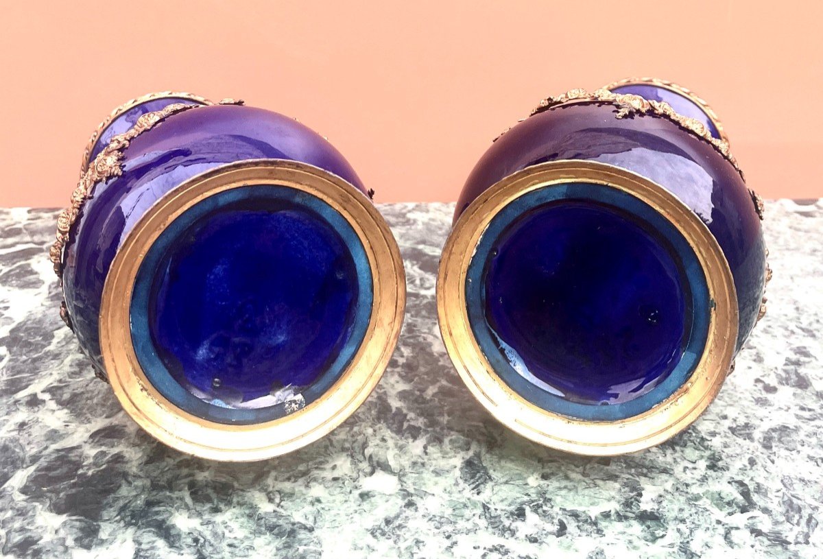 Pair Of Cobalt Blue Porcelain And Gilt Bronze Vases Lxvi Style-photo-7