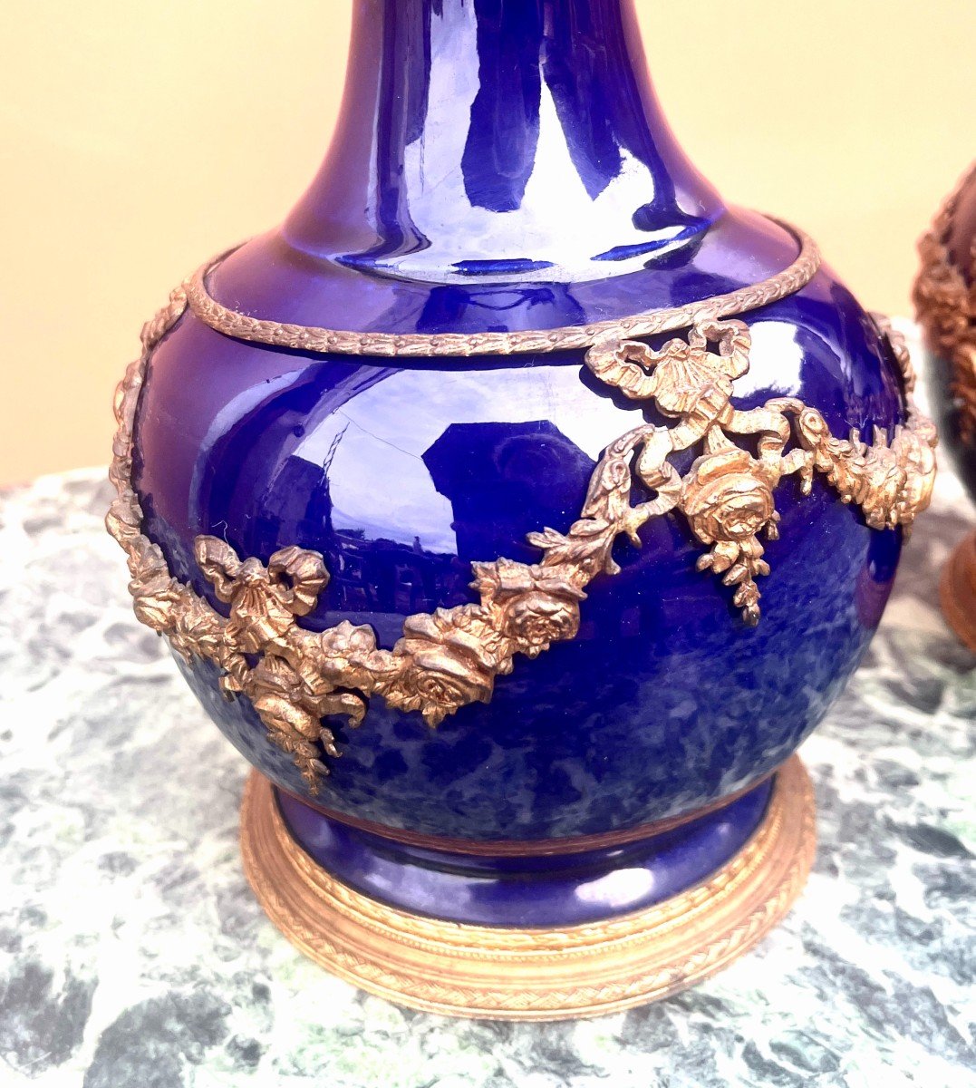 Pair Of Cobalt Blue Porcelain And Gilt Bronze Vases Lxvi Style-photo-8