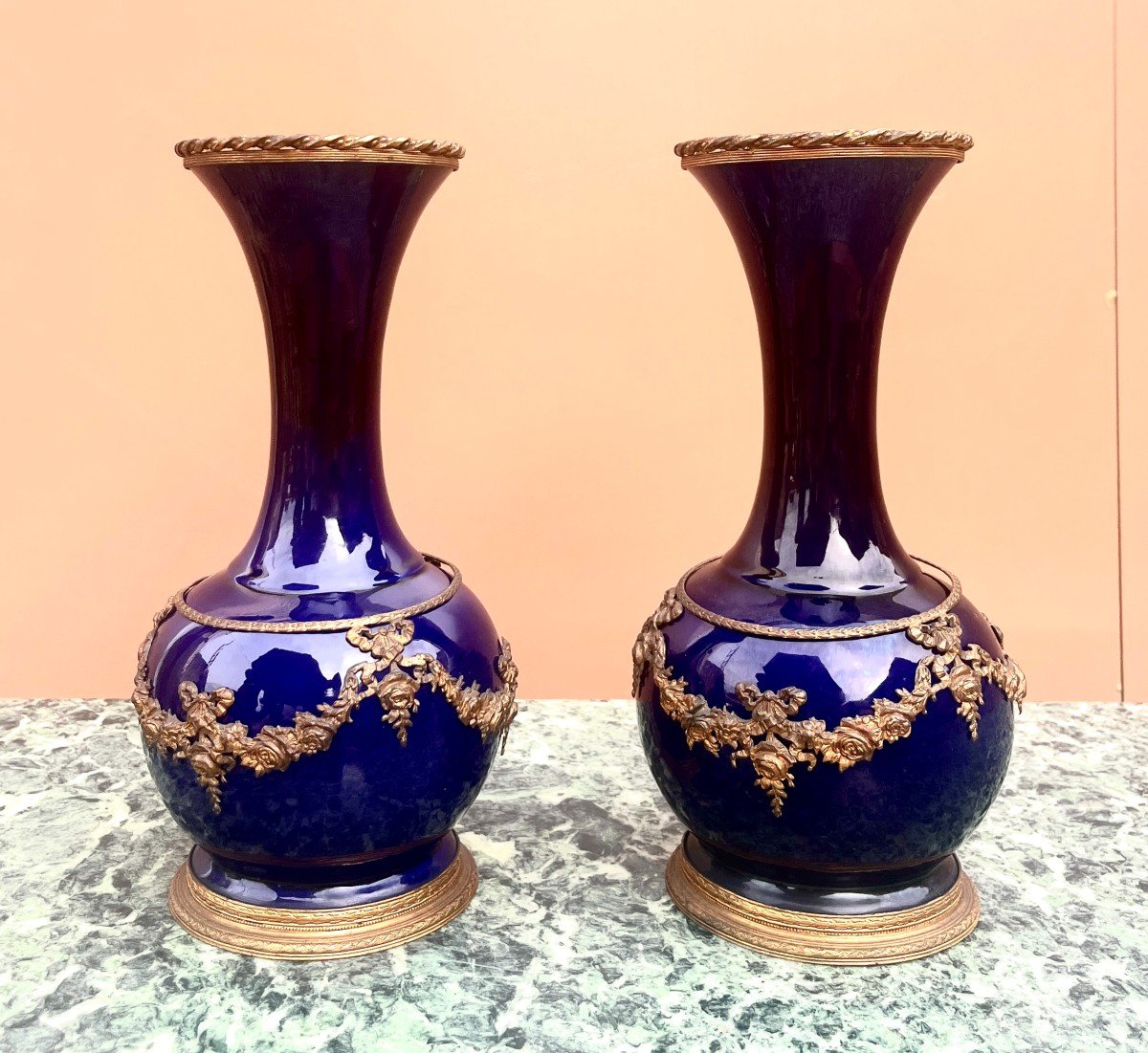 Pair Of Cobalt Blue Porcelain And Gilt Bronze Vases Lxvi Style