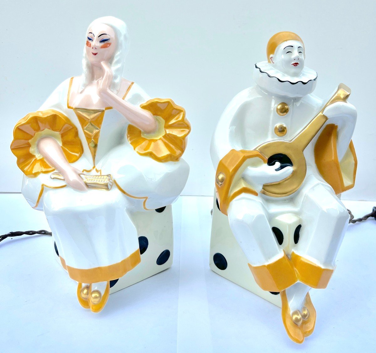 Pair Of  Night Lights Pierrot And Colombine In Limoges Porcelain Circa 1930-photo-2