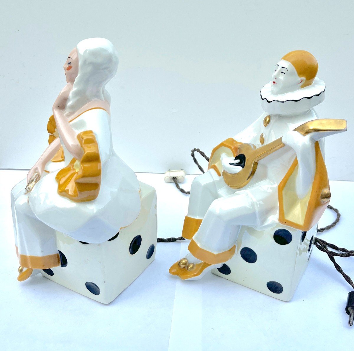 Pair Of  Night Lights Pierrot And Colombine In Limoges Porcelain Circa 1930-photo-3