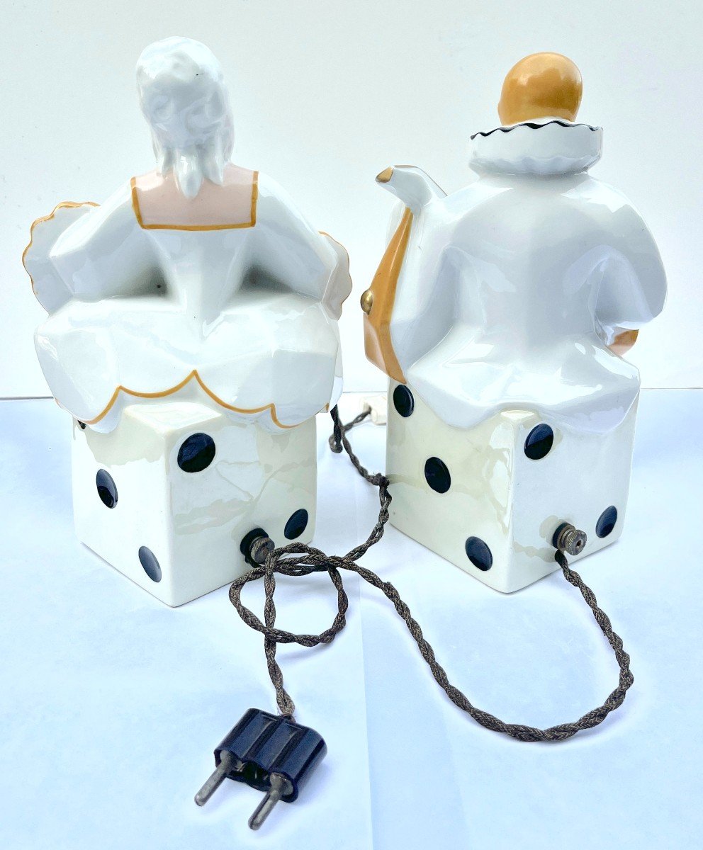 Pair Of  Night Lights Pierrot And Colombine In Limoges Porcelain Circa 1930-photo-4