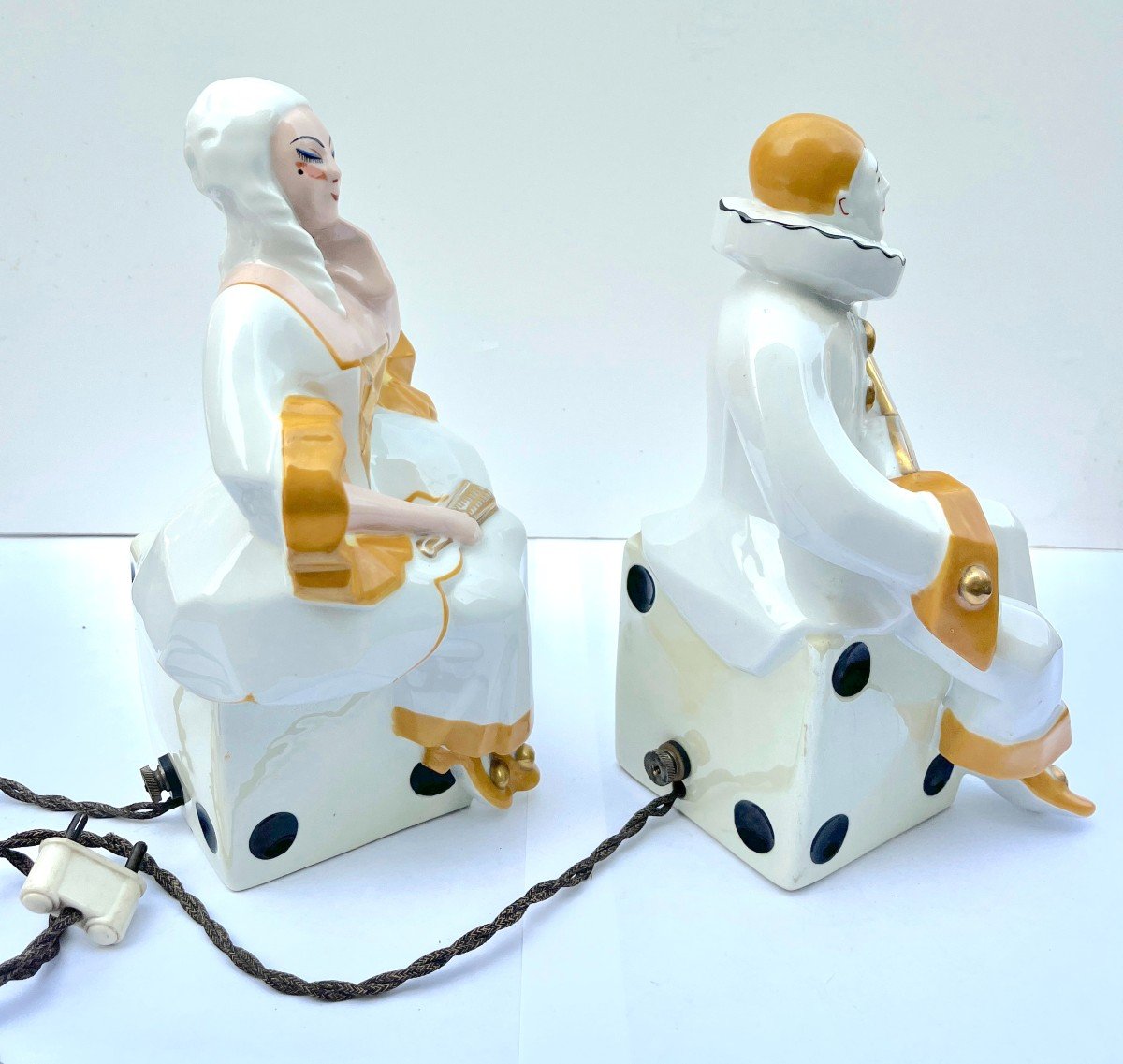 Pair Of  Night Lights Pierrot And Colombine In Limoges Porcelain Circa 1930-photo-1